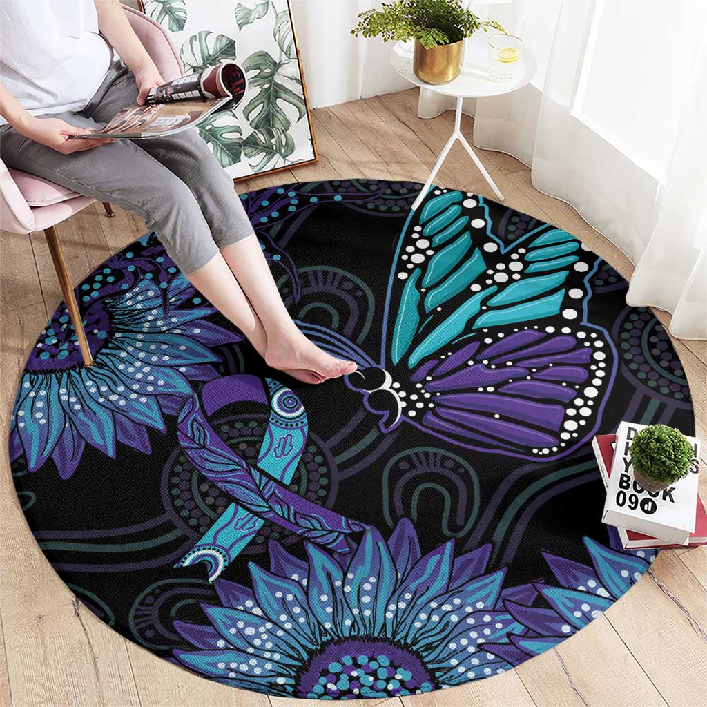 Australia Indigenous Round Carpet Teal & Purple Sunflower Aboriginal Arts