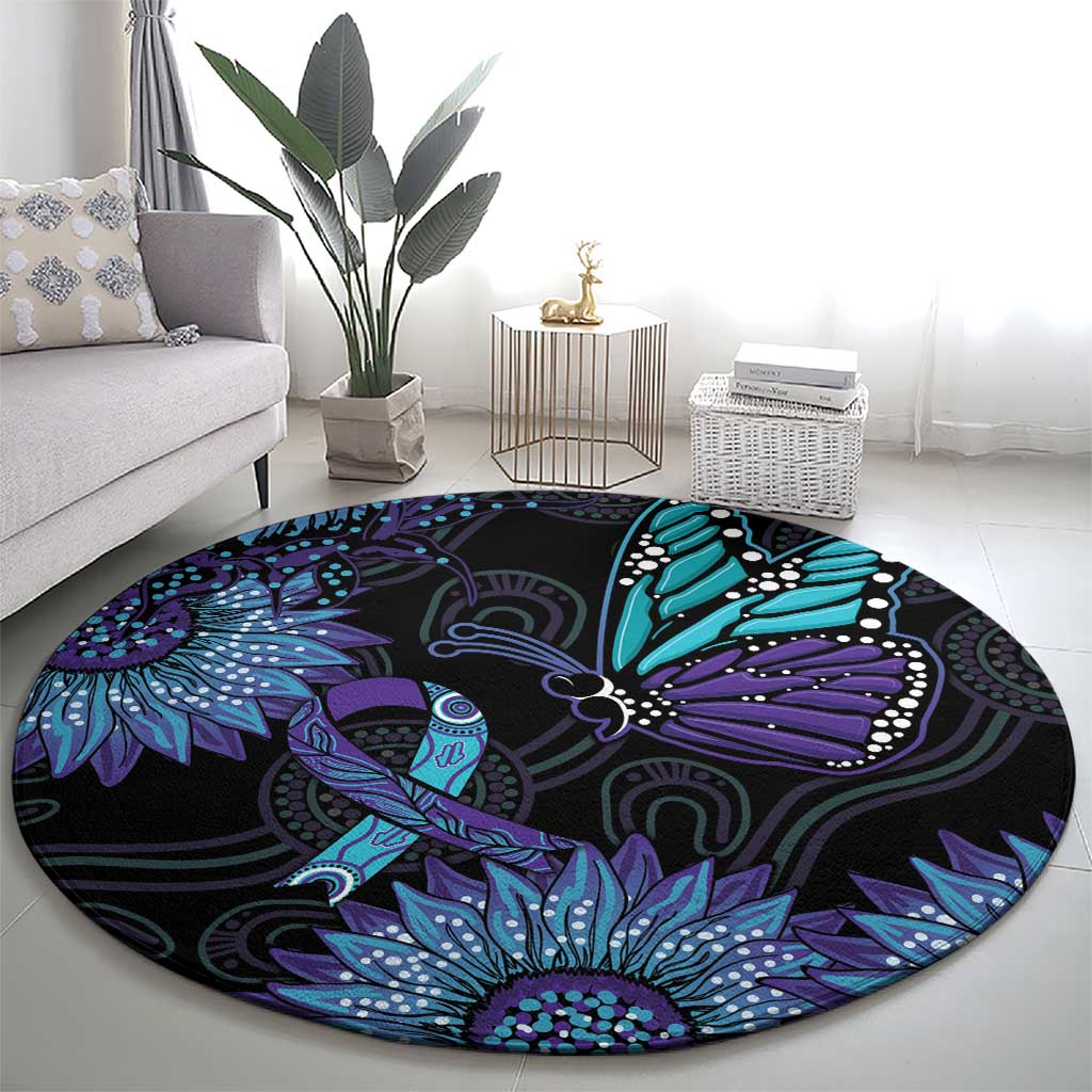 Australia Indigenous Round Carpet Teal & Purple Sunflower Aboriginal Arts