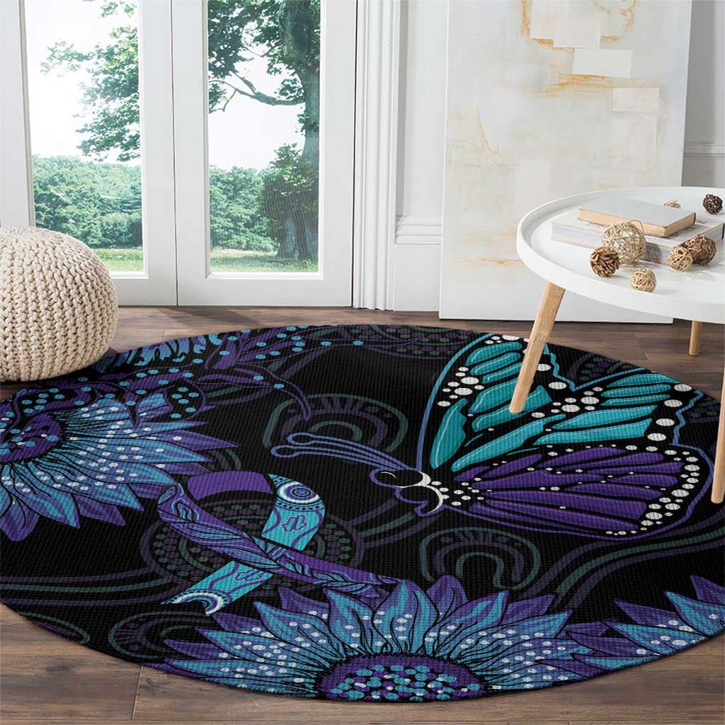 Australia Indigenous Round Carpet Teal & Purple Sunflower Aboriginal Arts