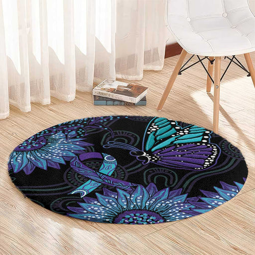 Australia Indigenous Round Carpet Teal & Purple Sunflower Aboriginal Arts
