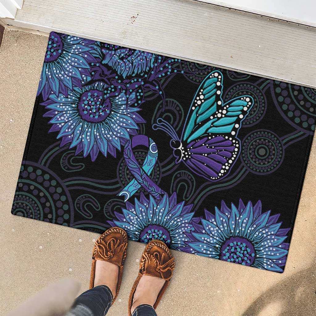 Australia Indigenous Rubber Doormat Teal & Purple Sunflower Aboriginal Arts