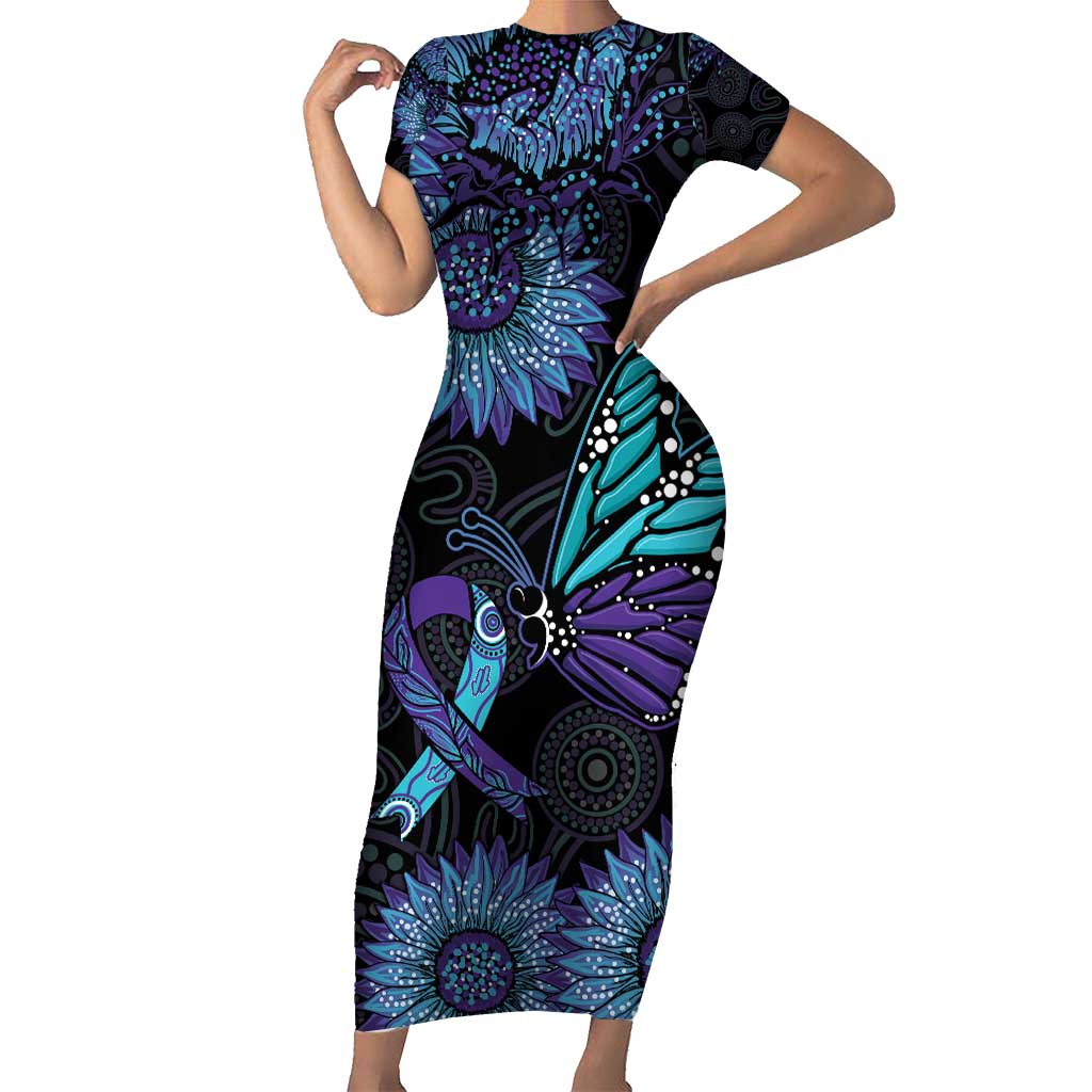 Australia Indigenous Short Sleeve Bodycon Dress Teal & Purple Sunflower Aboriginal Arts