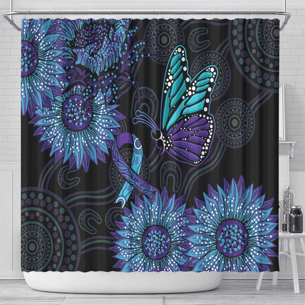 Australia Indigenous Shower Curtain Teal & Purple Sunflower Aboriginal Arts
