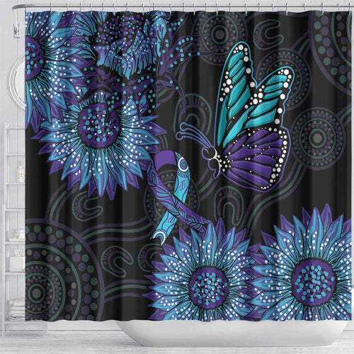 Australia Indigenous Shower Curtain Teal & Purple Sunflower Aboriginal Arts