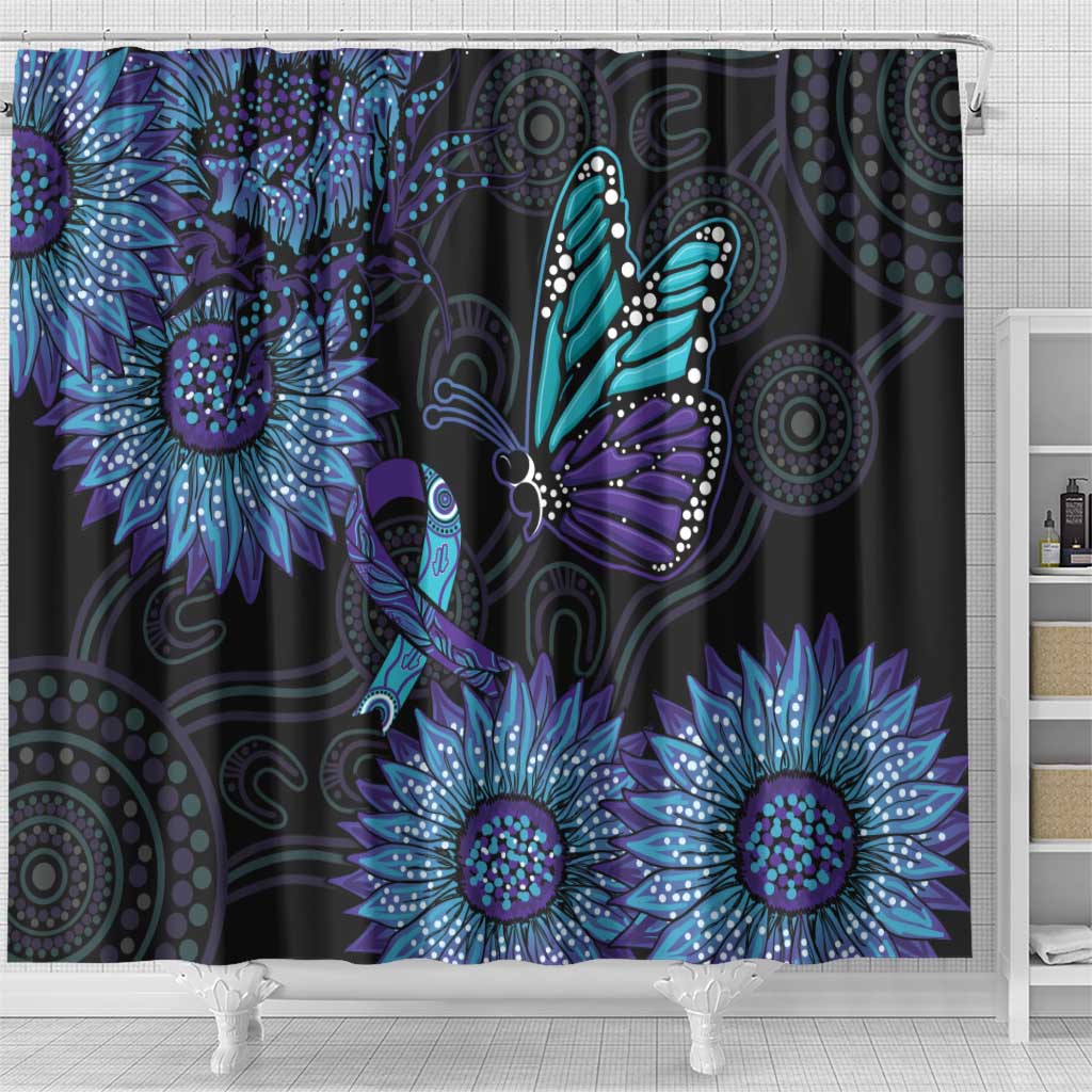 Australia Indigenous Shower Curtain Teal & Purple Sunflower Aboriginal Arts