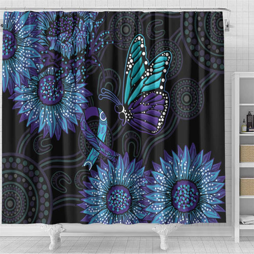 Australia Indigenous Shower Curtain Teal & Purple Sunflower Aboriginal Arts