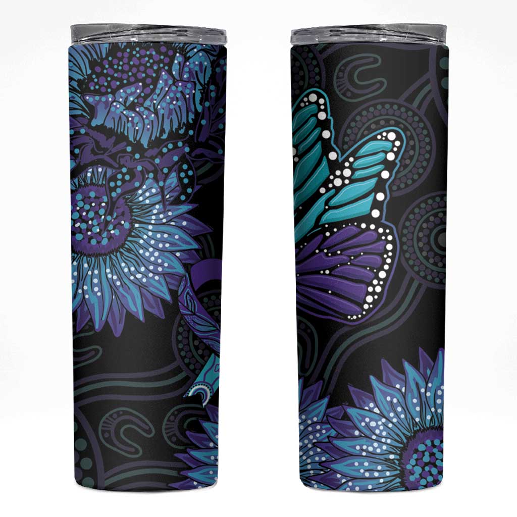 Australia Indigenous Skinny Tumbler Teal & Purple Sunflower Aboriginal Arts