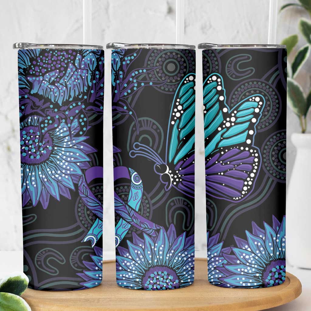 Australia Indigenous Skinny Tumbler Teal & Purple Sunflower Aboriginal Arts