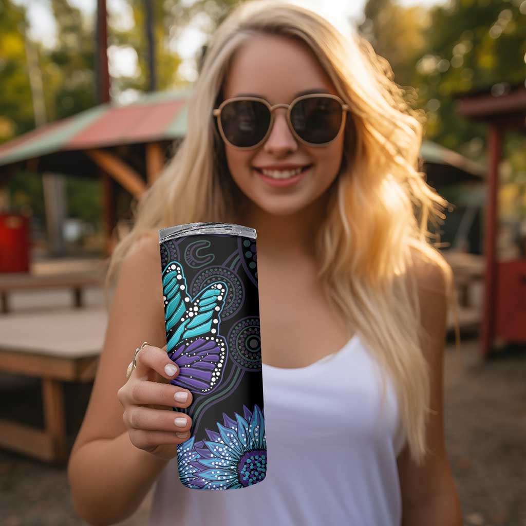 Australia Indigenous Skinny Tumbler Teal & Purple Sunflower Aboriginal Arts