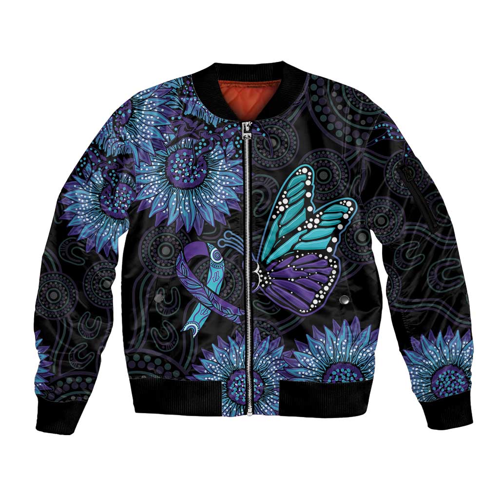 Australia Indigenous Sleeve Zip Bomber Jacket Teal & Purple Sunflower Aboriginal Arts