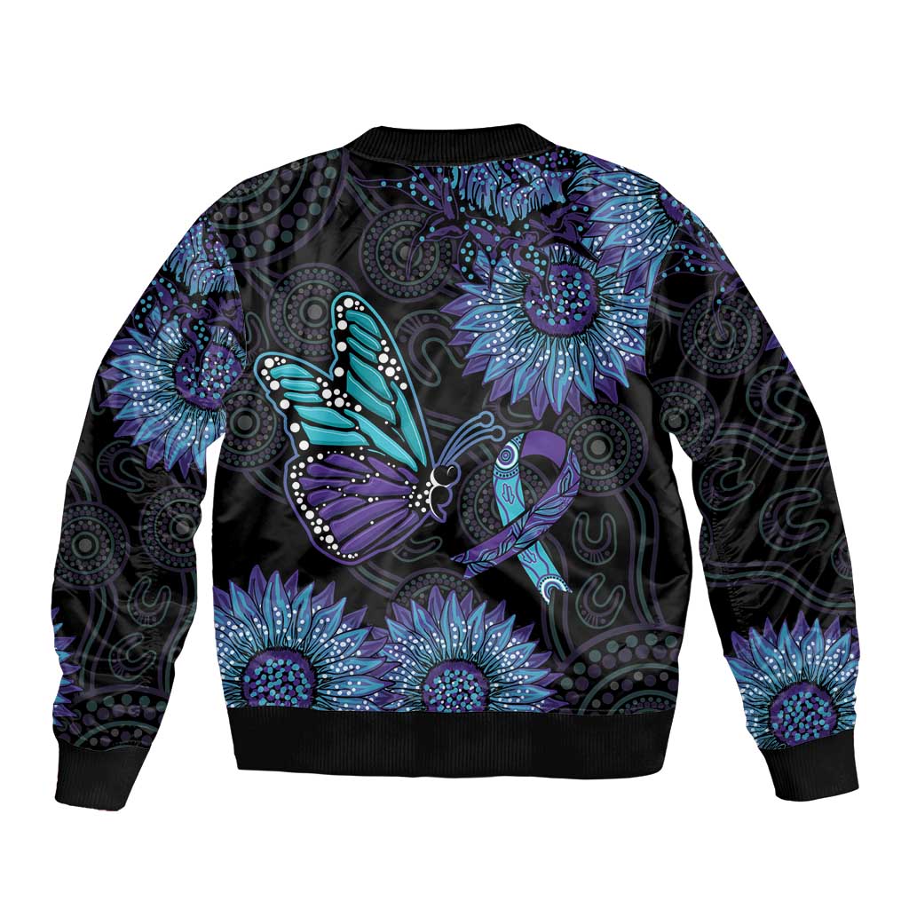 Australia Indigenous Sleeve Zip Bomber Jacket Teal & Purple Sunflower Aboriginal Arts