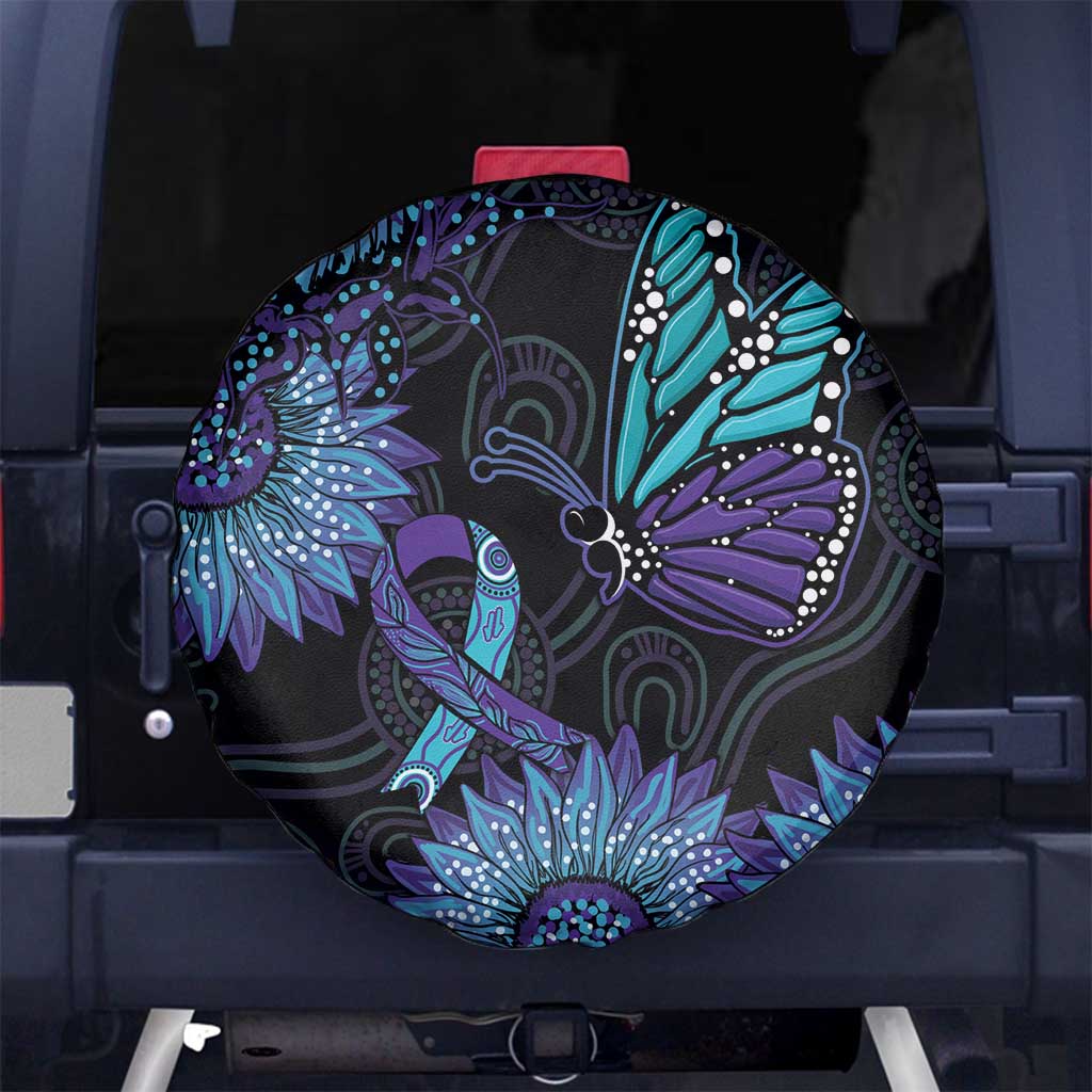 Australia Indigenous Spare Tire Cover Teal & Purple Sunflower Aboriginal Arts