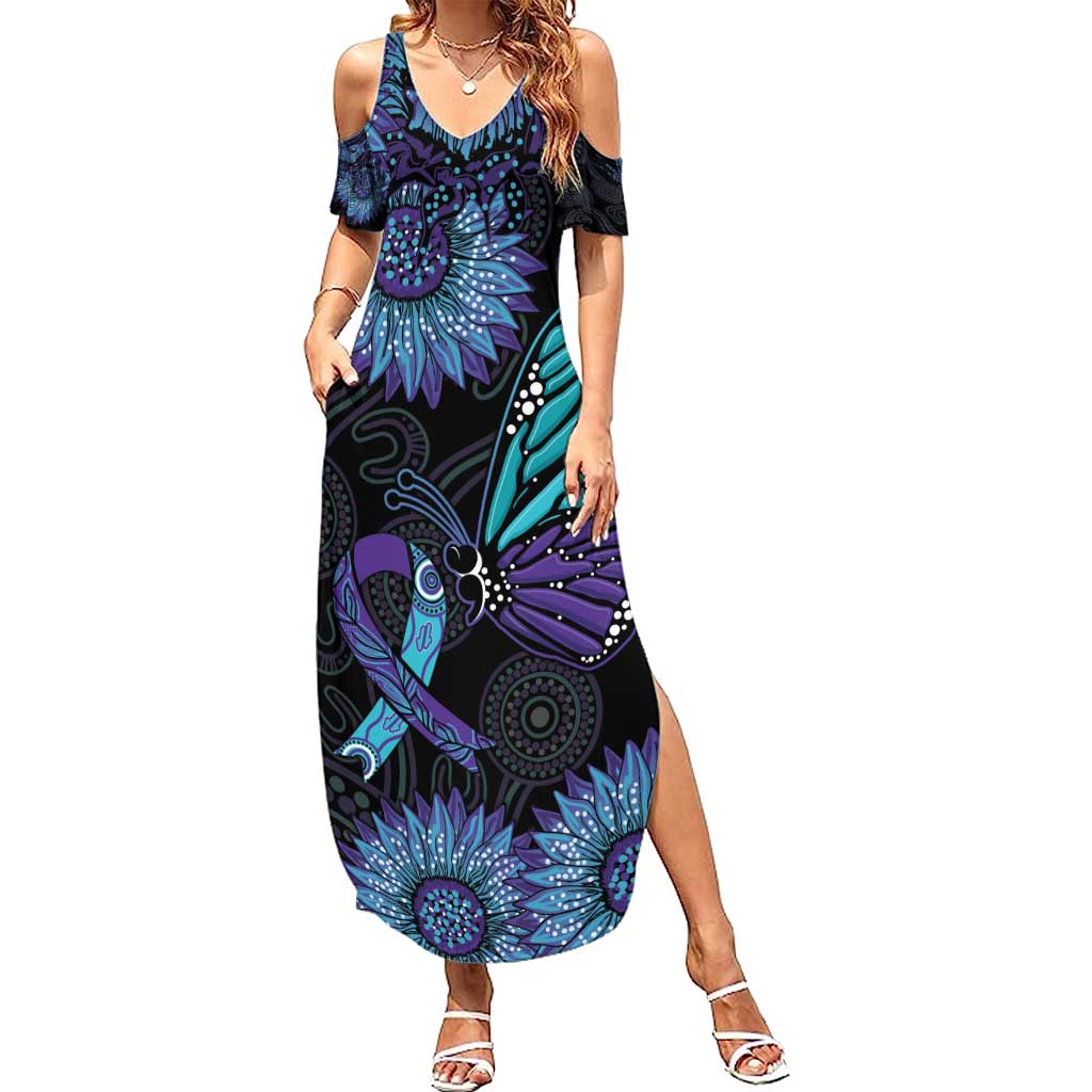 Australia Indigenous Summer Maxi Dress Teal & Purple Sunflower Aboriginal Arts