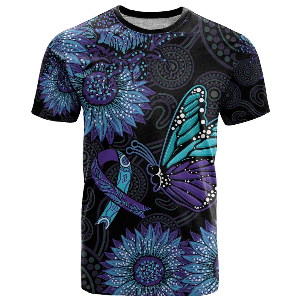 Australia Indigenous T Shirt Teal & Purple Sunflower Aboriginal Arts
