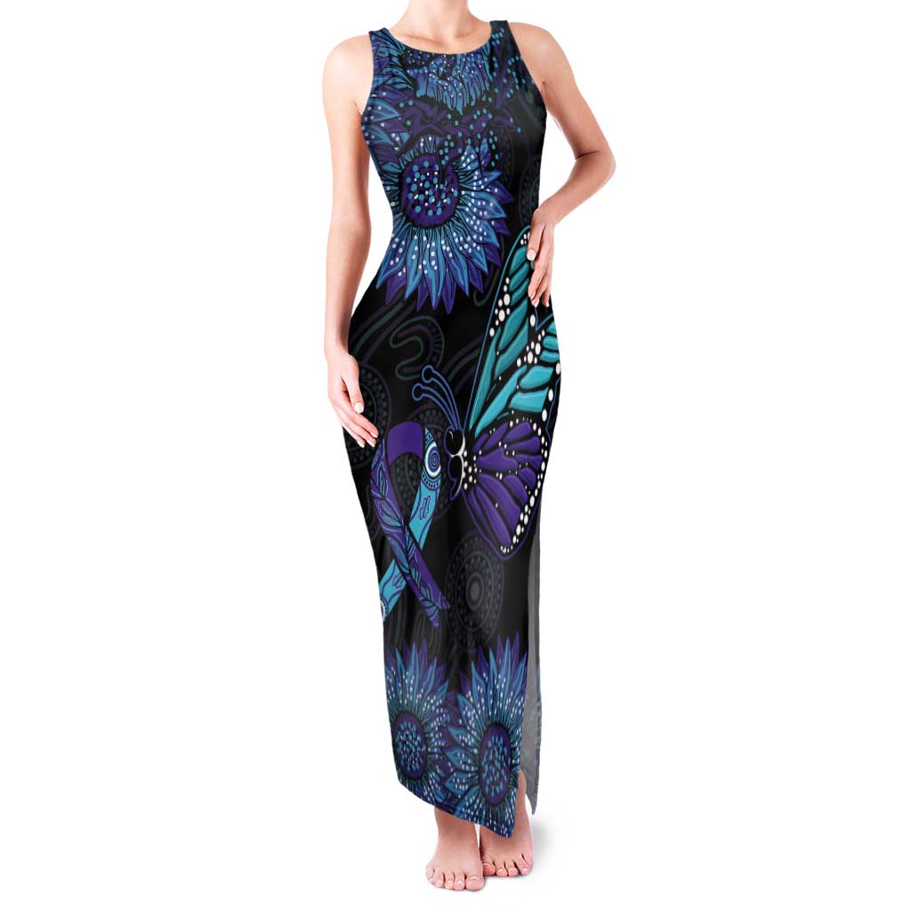 Australia Indigenous Tank Maxi Dress Teal & Purple Sunflower Aboriginal Arts