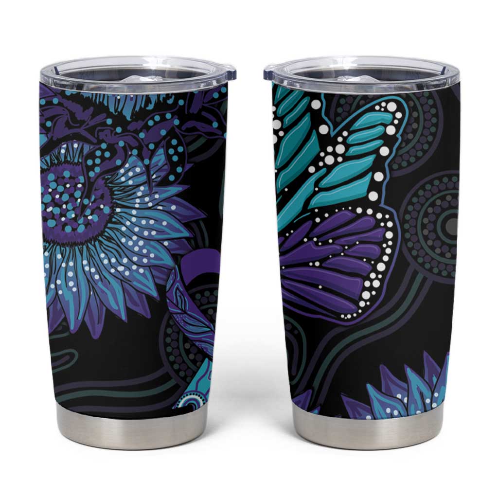 Australia Indigenous Tumbler Cup Teal & Purple Sunflower Aboriginal Arts