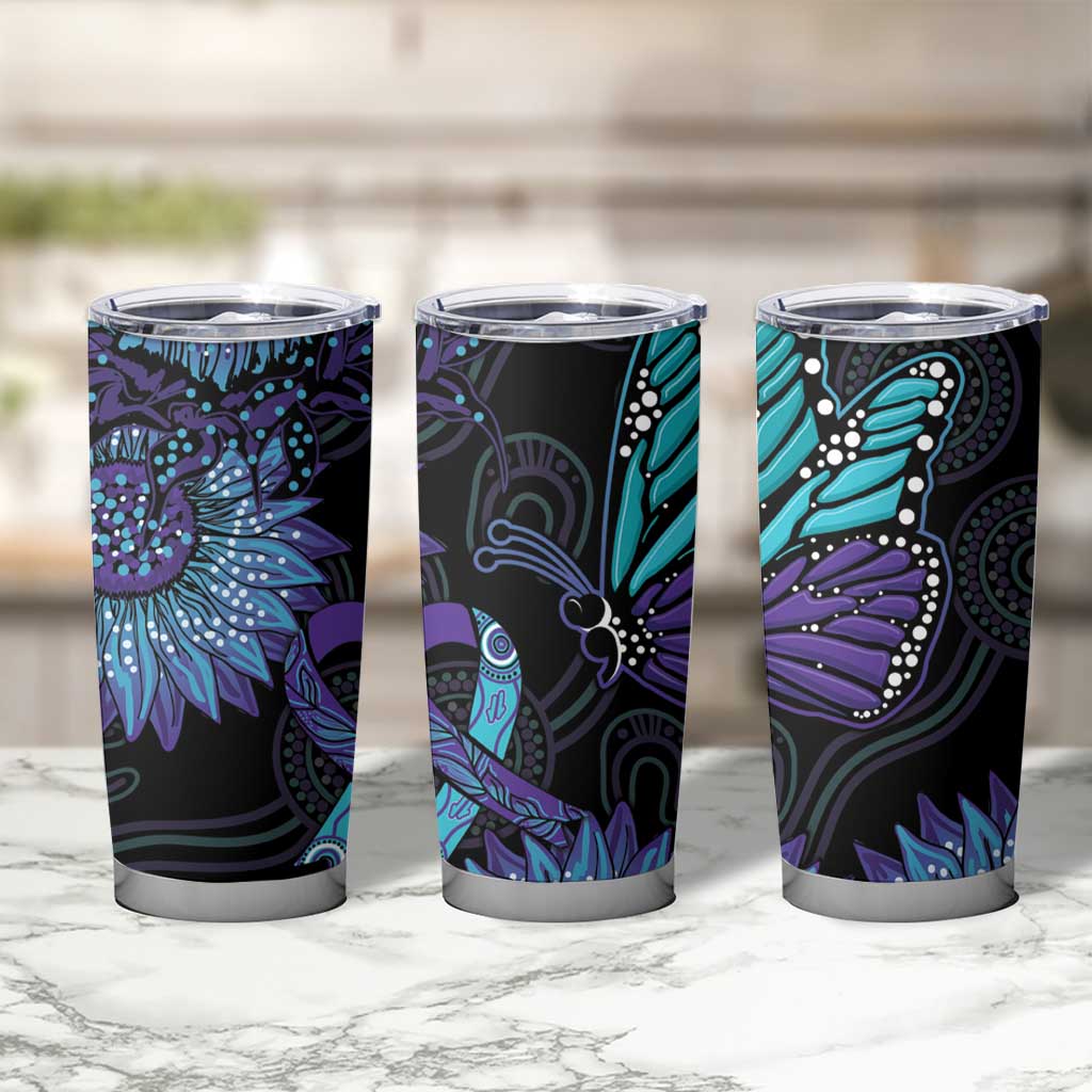 Australia Indigenous Tumbler Cup Teal & Purple Sunflower Aboriginal Arts