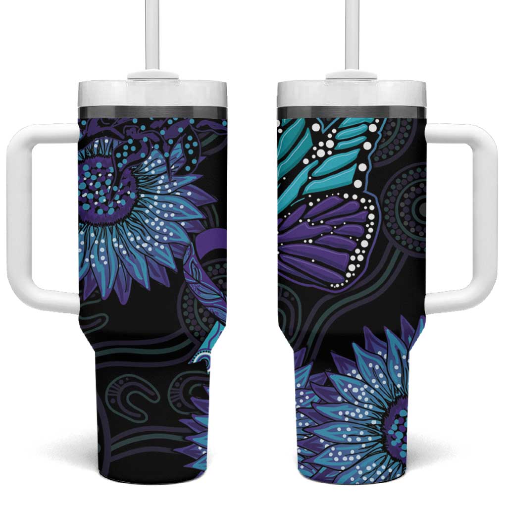 Australia Indigenous Tumbler With Handle Teal & Purple Sunflower Aboriginal Arts