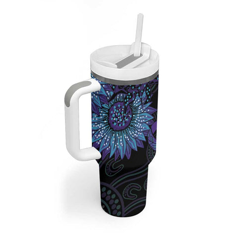 Australia Indigenous Tumbler With Handle Teal & Purple Sunflower Aboriginal Arts