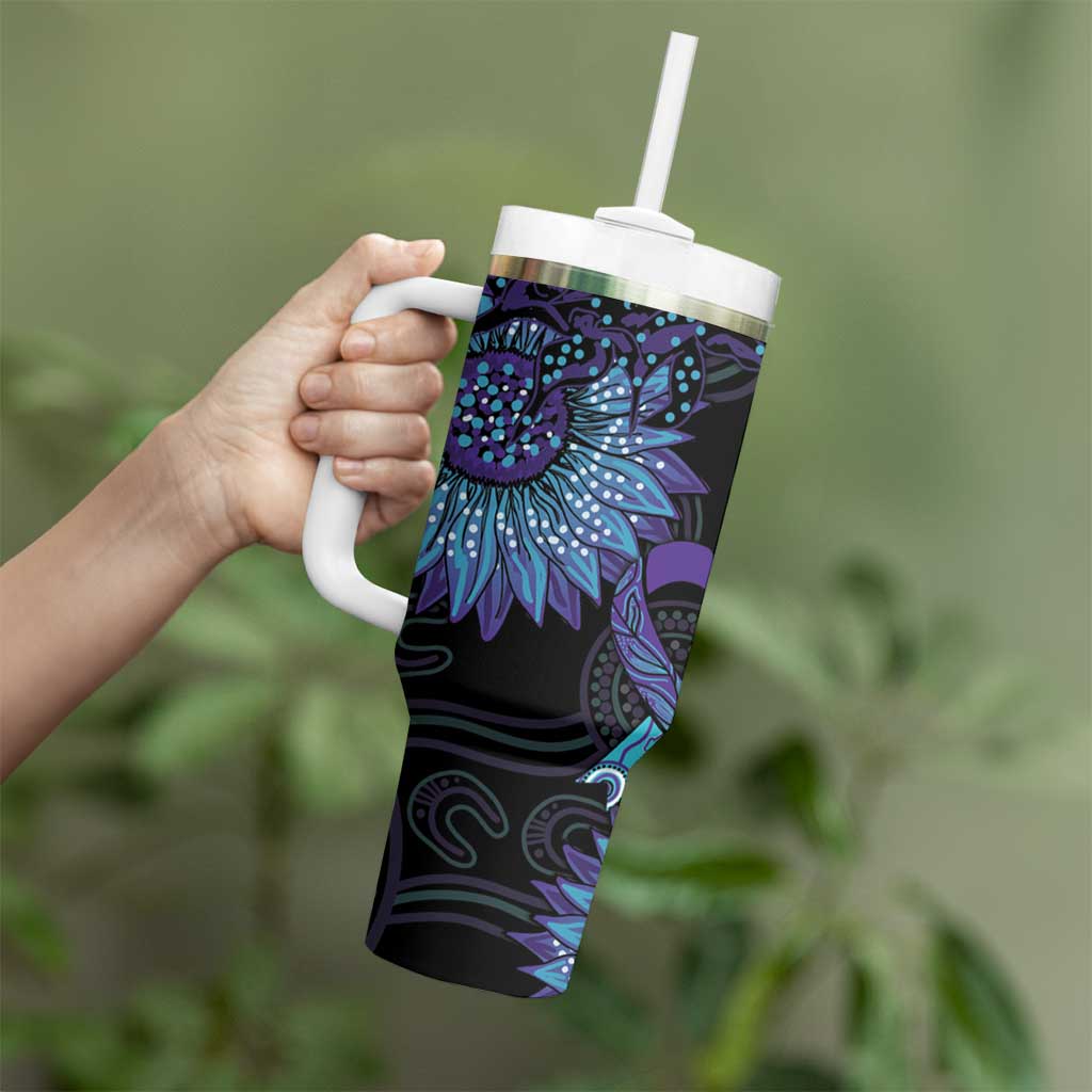 Australia Indigenous Tumbler With Handle Teal & Purple Sunflower Aboriginal Arts