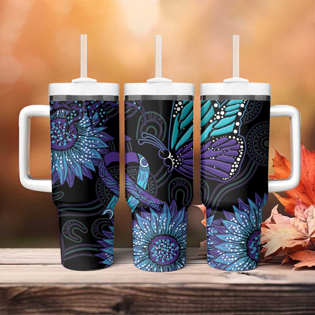 Australia Indigenous Tumbler With Handle Teal & Purple Sunflower Aboriginal Arts