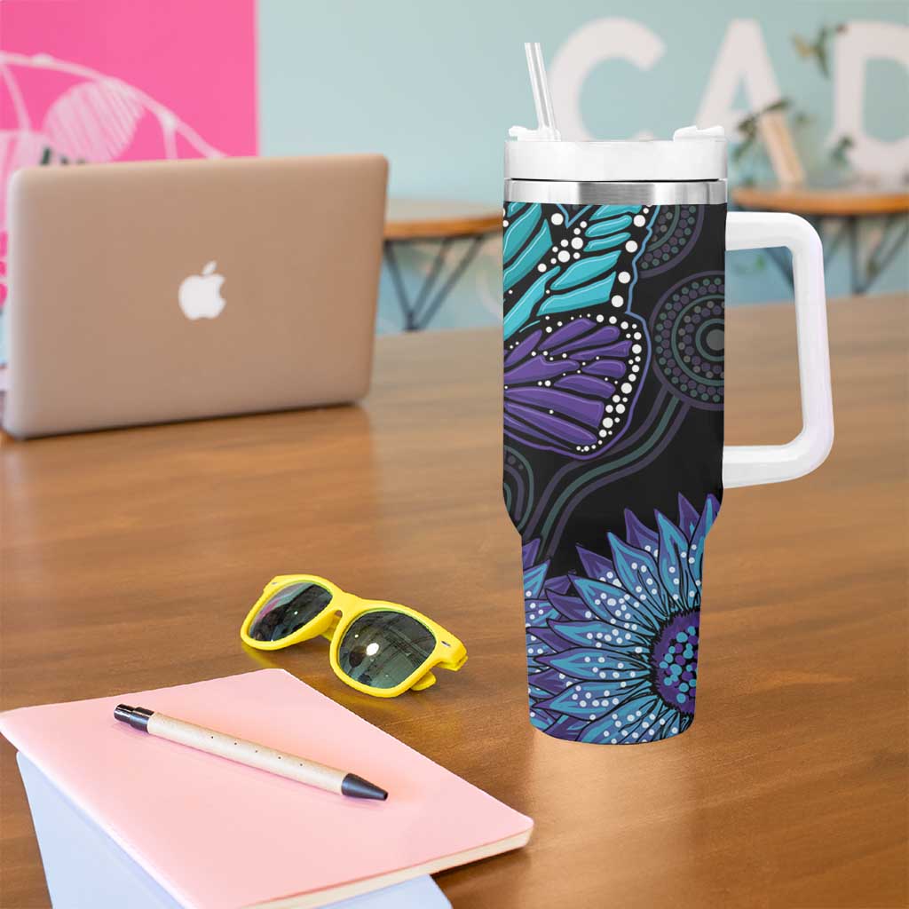 Australia Indigenous Tumbler With Handle Teal & Purple Sunflower Aboriginal Arts