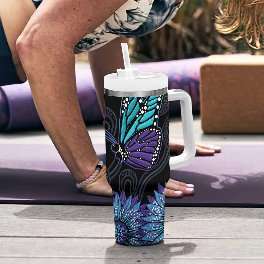 Australia Indigenous Tumbler With Handle Teal & Purple Sunflower Aboriginal Arts