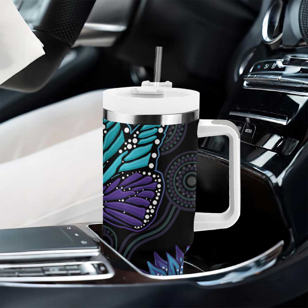 Australia Indigenous Tumbler With Handle Teal & Purple Sunflower Aboriginal Arts