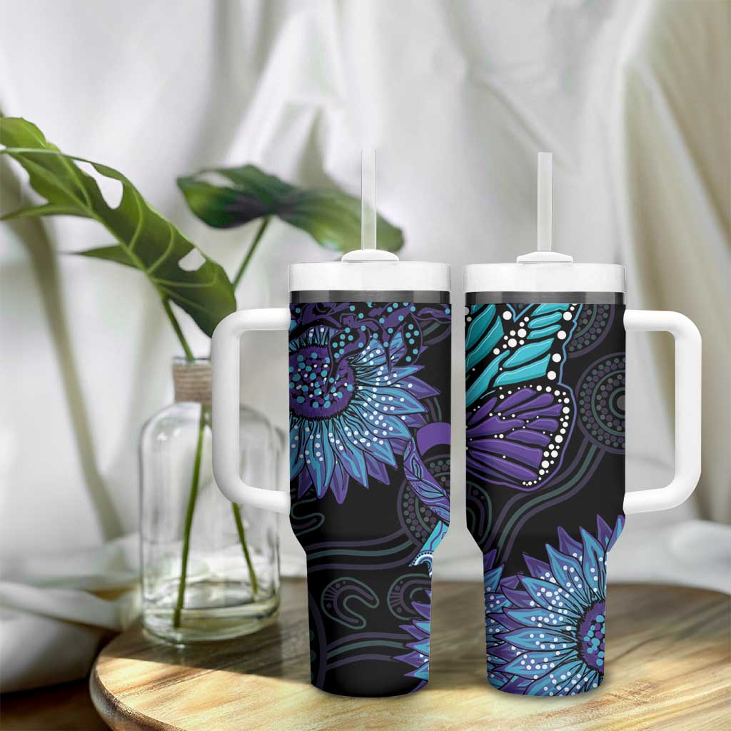 Australia Indigenous Tumbler With Handle Teal & Purple Sunflower Aboriginal Arts