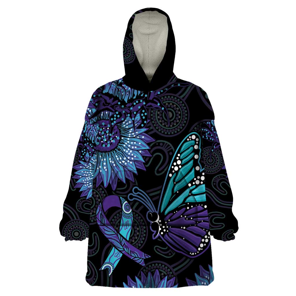 Australia Indigenous Wearable Blanket Hoodie Teal & Purple Sunflower Aboriginal Arts