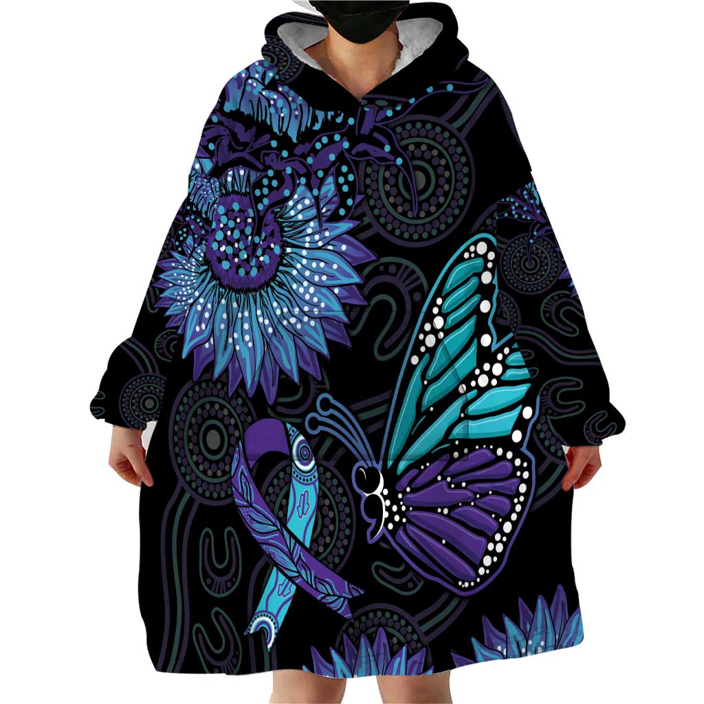 Australia Indigenous Wearable Blanket Hoodie Teal & Purple Sunflower Aboriginal Arts