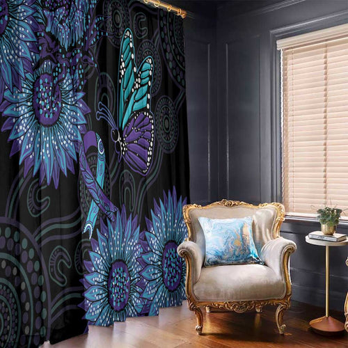 Australia Indigenous Window Curtain Teal & Purple Sunflower Aboriginal Arts