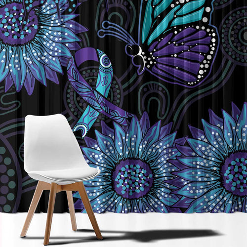 Australia Indigenous Window Curtain Teal & Purple Sunflower Aboriginal Arts