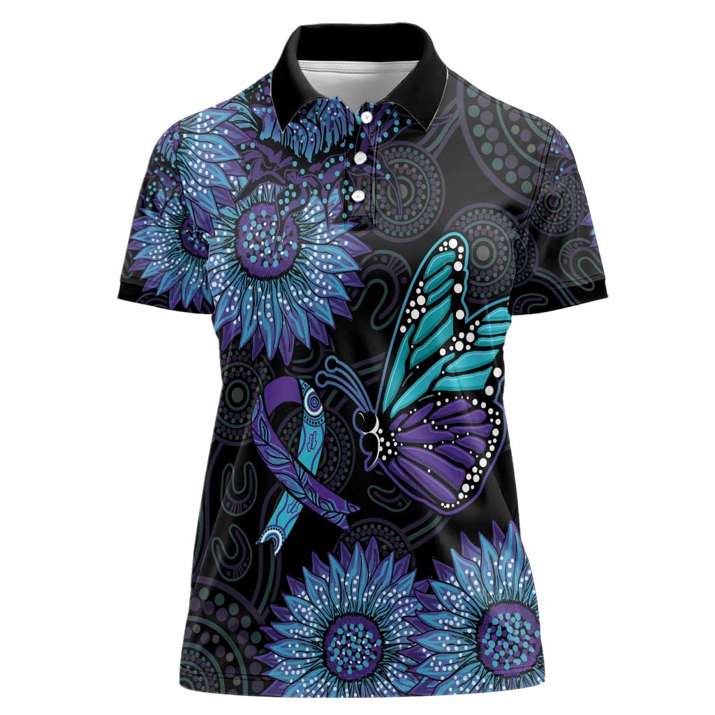 Australia Indigenous Women Polo Shirt Teal & Purple Sunflower Aboriginal Arts