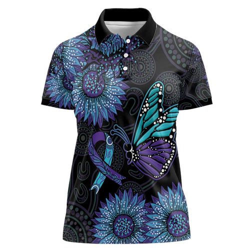 Australia Indigenous Women Polo Shirt Teal & Purple Sunflower Aboriginal Arts