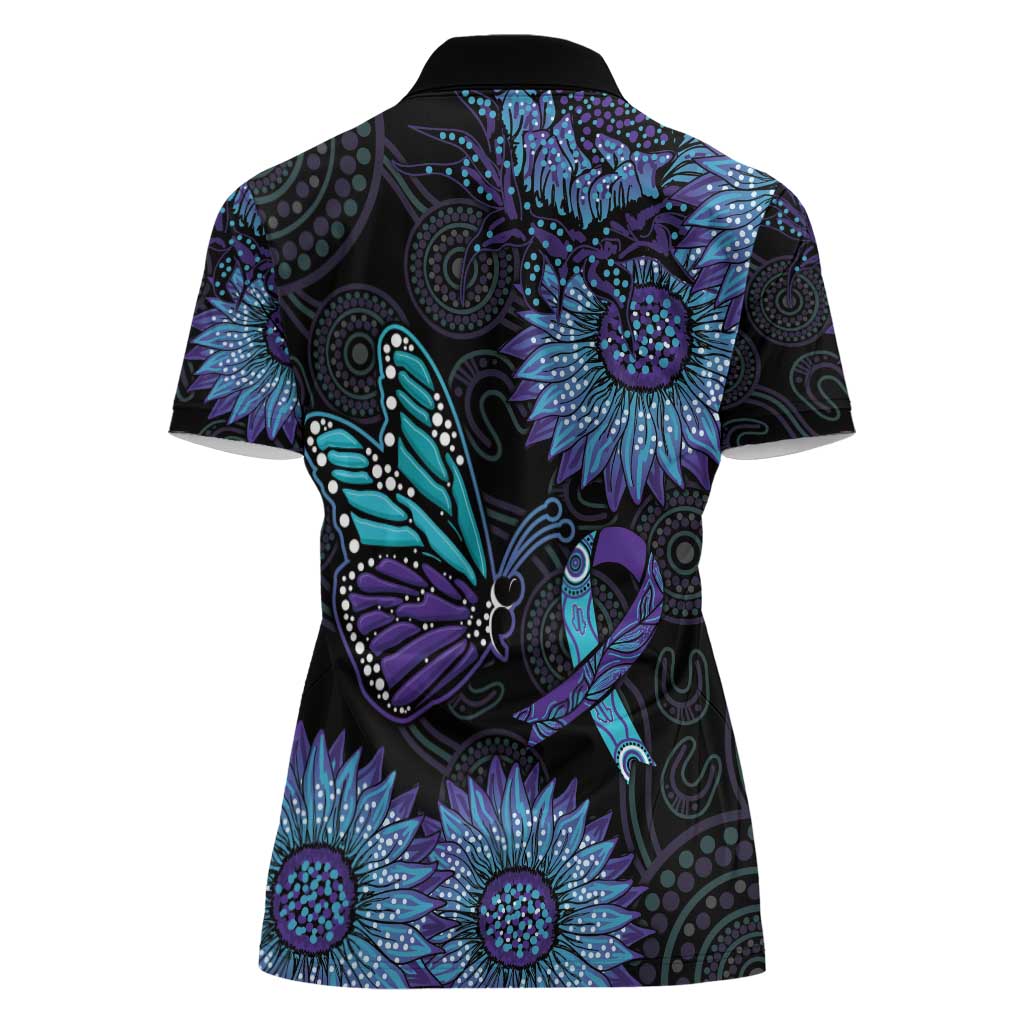 Australia Indigenous Women Polo Shirt Teal & Purple Sunflower Aboriginal Arts