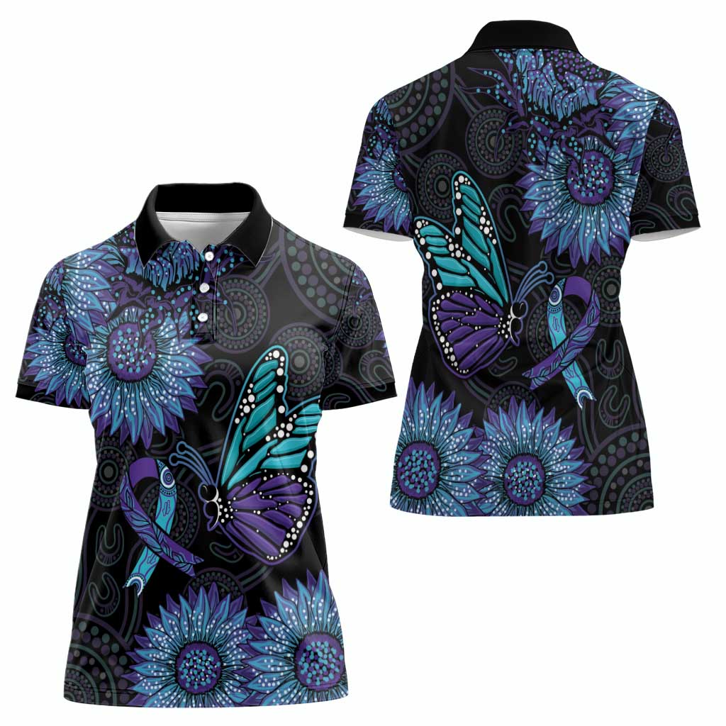 Australia Indigenous Women Polo Shirt Teal & Purple Sunflower Aboriginal Arts