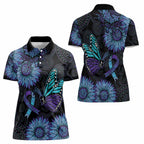 Australia Indigenous Women Polo Shirt Teal & Purple Sunflower Aboriginal Arts