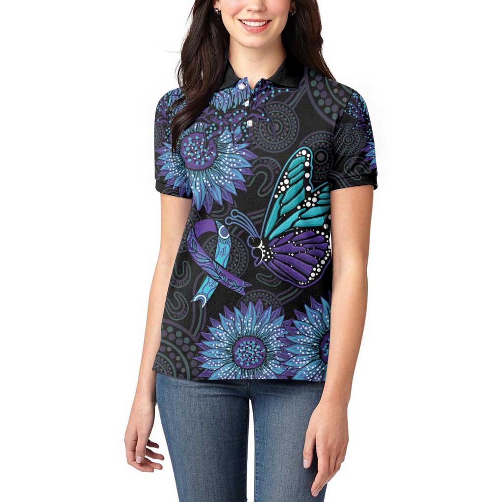 Australia Indigenous Women Polo Shirt Teal & Purple Sunflower Aboriginal Arts