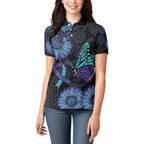 Australia Indigenous Women Polo Shirt Teal & Purple Sunflower Aboriginal Arts