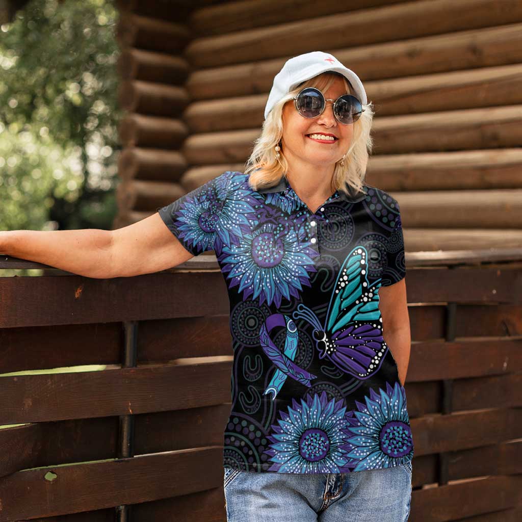 Australia Indigenous Women Polo Shirt Teal & Purple Sunflower Aboriginal Arts