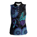 Australia Indigenous Women Sleeveless Polo Shirt Teal & Purple Sunflower Aboriginal Arts