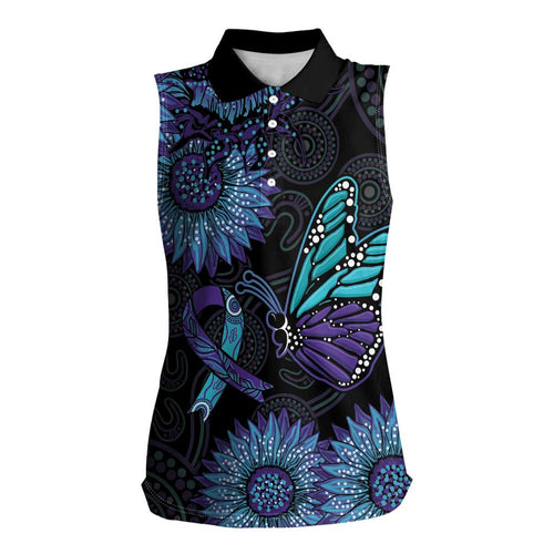 Australia Indigenous Women Sleeveless Polo Shirt Teal & Purple Sunflower Aboriginal Arts
