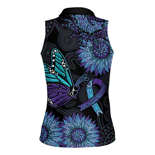 Australia Indigenous Women Sleeveless Polo Shirt Teal & Purple Sunflower Aboriginal Arts
