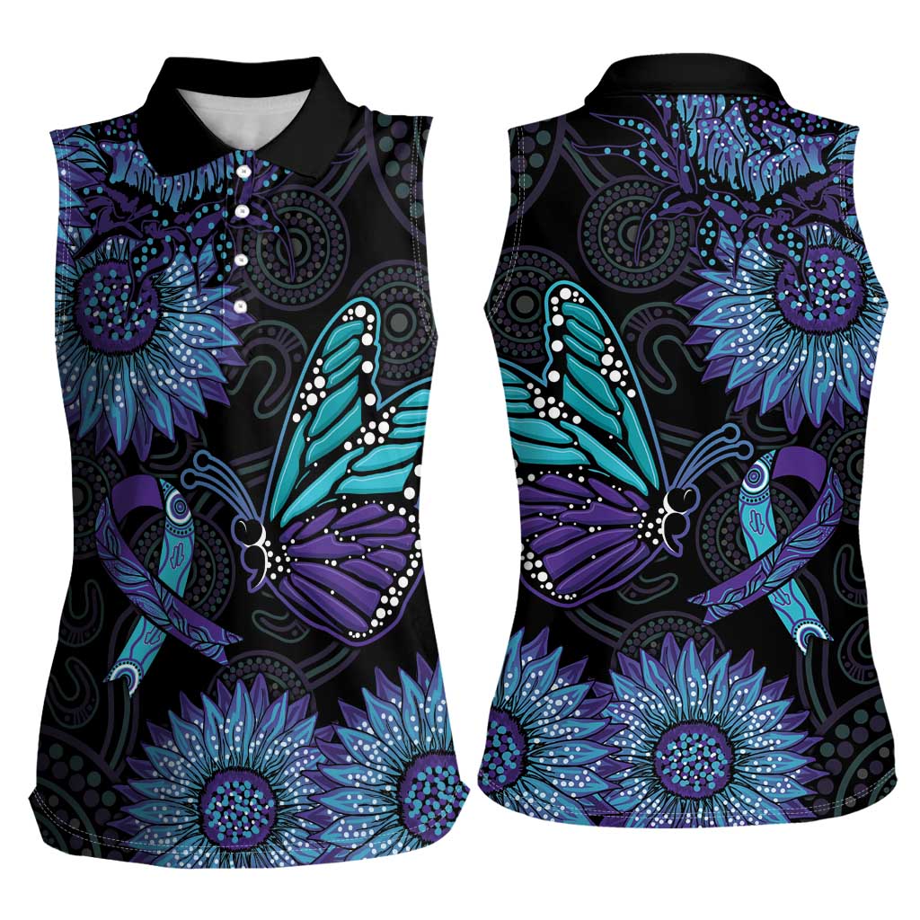 Australia Indigenous Women Sleeveless Polo Shirt Teal & Purple Sunflower Aboriginal Arts