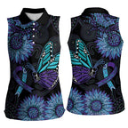 Australia Indigenous Women Sleeveless Polo Shirt Teal & Purple Sunflower Aboriginal Arts