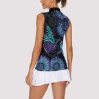 Australia Indigenous Women Sleeveless Polo Shirt Teal & Purple Sunflower Aboriginal Arts