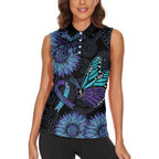 Australia Indigenous Women Sleeveless Polo Shirt Teal & Purple Sunflower Aboriginal Arts
