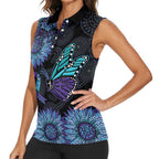 Australia Indigenous Women Sleeveless Polo Shirt Teal & Purple Sunflower Aboriginal Arts