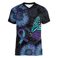 Australia Indigenous Women V-Neck T-Shirt Teal & Purple Sunflower Aboriginal Arts
